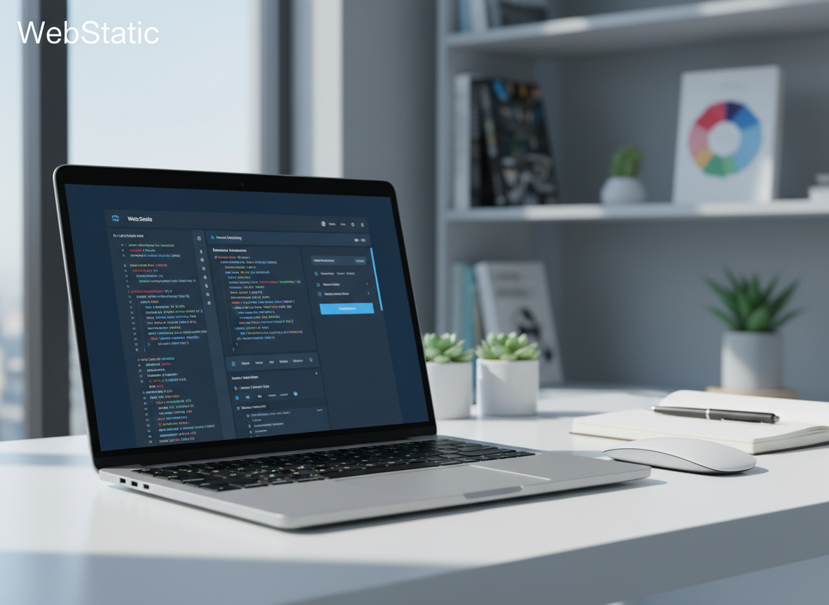 A sleek, high-resolution laptop with a luminous, code-filled screen showing a clean, modern interface of a web technology dashboard labeled subtly with the word “WebStatic” in the corner of the UI. The device rests on a tidy white desk beside a minimalist wireless mouse and a thin notebook, with softly blurred shelves of tech books and small plants in the background. Cool daylight from a large nearby window creates gentle reflections on the laptop’s metallic surface and casts soft shadows. Photographic realism, shot at eye level with a shallow depth of field, conveying a professional, focused, and aspirational mood that suits an educational web technologies homepage hero image.